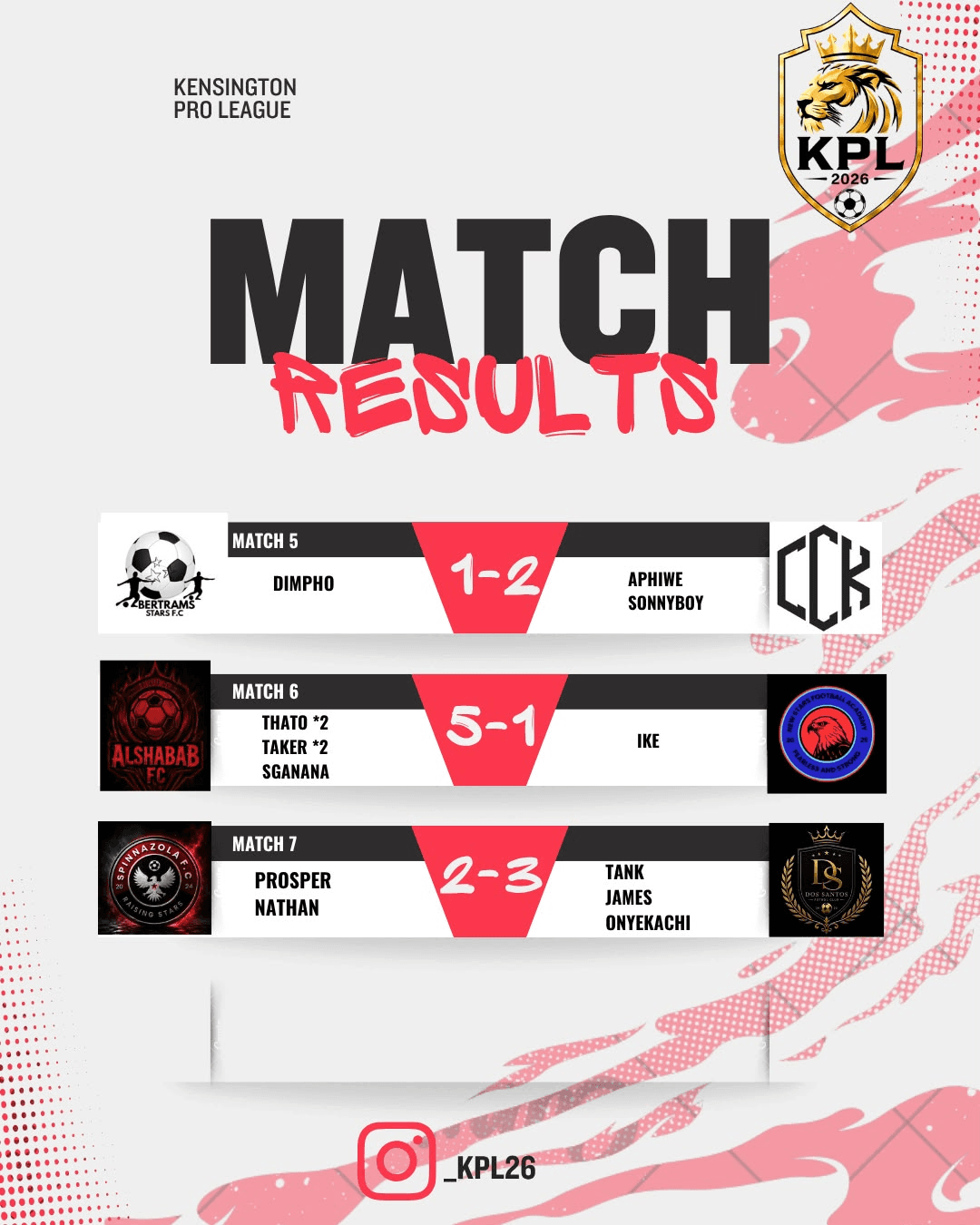 Earlier results poster — matches 5–7